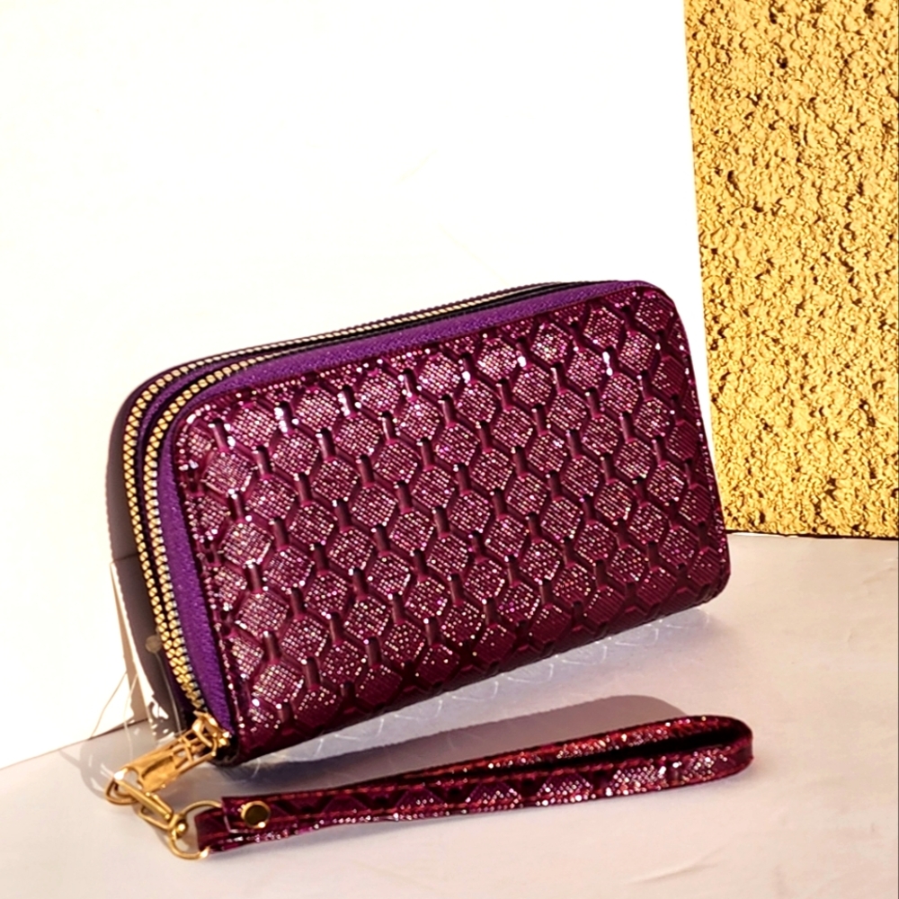 Woman's Purple Textured Leather Double Zip Around Wallet Wristlet
